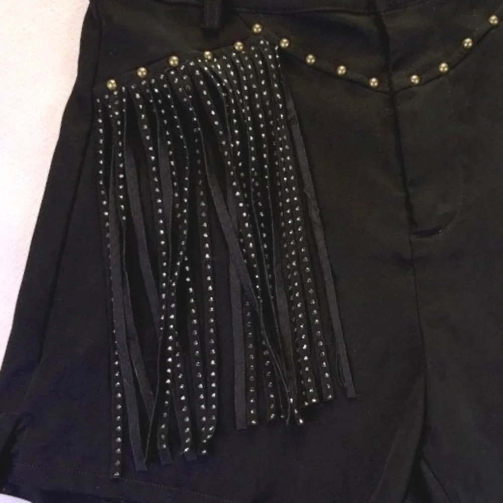 Sterling & Stitch Women's Black Studded Fringe Western Shorts M Western Rodeo